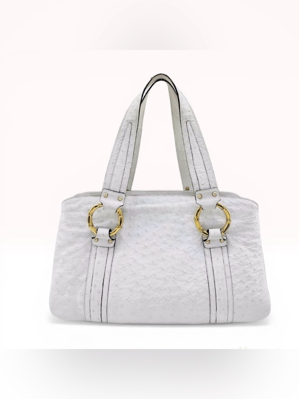 Authentic Rare Gucci Large White Ostrich Skin Bamboo Ring Tote Bag